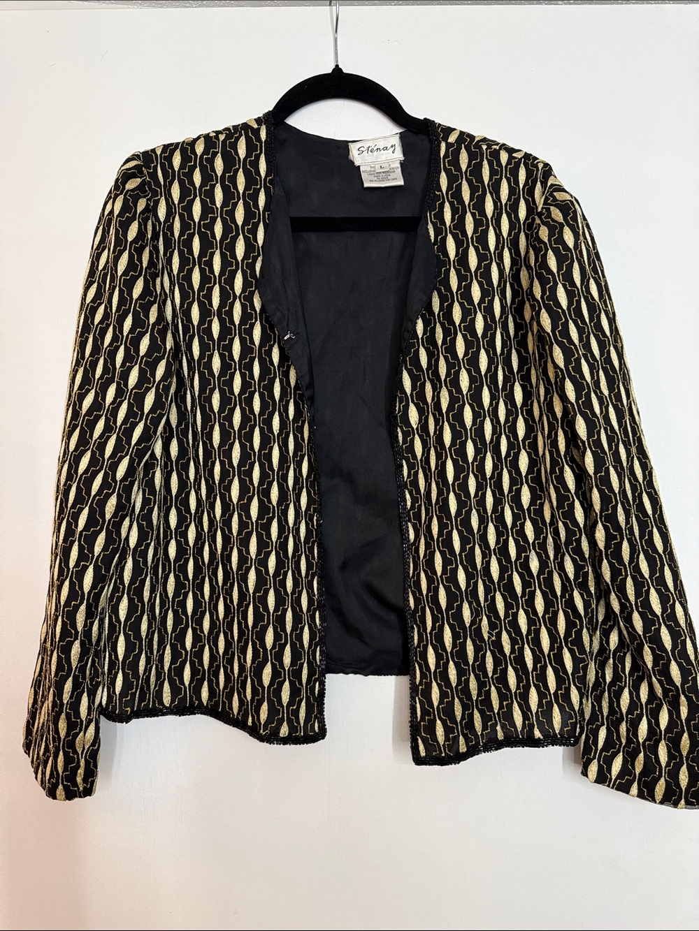 St. John Black & Gold Open-Front Patterned Jacket 22” pit to pit - Picture 1 of 4